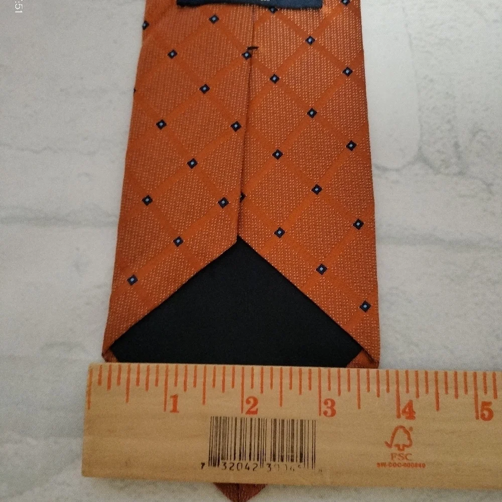 Brooks Basics Orange Tie with Blue Diamond Pattern Silk Necktie Formal Business